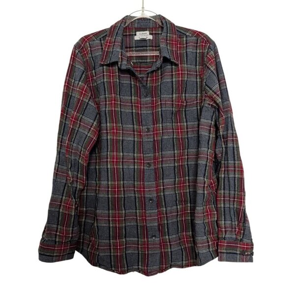 LL Bean Scotch Plaid Flannel Shirt Mens Size Large Gray Relaxed Fit Button Front - Picture 1 of 8